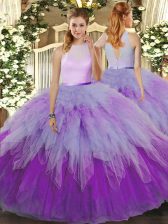  Multi-color Ball Gowns Organza High-neck Sleeveless Ruffles Floor Length Zipper Quinceanera Dresses