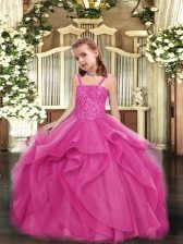 Simple Hot Pink Organza Lace Up Little Girls Pageant Dress Sleeveless Floor Length Beading
