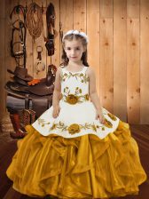  Gold Sleeveless Embroidery and Ruffles Floor Length Child Pageant Dress