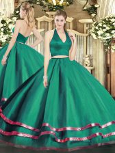  Dark Green Tulle Zipper Ball Gown Prom Dress Sleeveless Floor Length Ruffled Layers