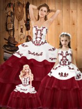 Modest Lace Up Ball Gown Prom Dress Wine Red for Military Ball and Sweet 16 and Quinceanera with Embroidery Sweep Train