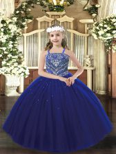  Royal Blue Ball Gowns Beading Little Girl Pageant Dress Lace Up Tulle Sleeveless Floor Length