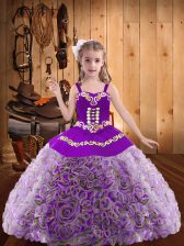 Multi-color Lace Up Straps Embroidery and Ruffles Little Girl Pageant Dress Fabric With Rolling Flowers Sleeveless