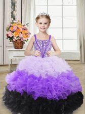 Fancy Multi-color Lace Up Straps Beading and Ruffles Little Girl Pageant Dress Organza Sleeveless