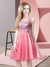 Enchanting Watermelon Red Tulle Zipper Prom Dress Sleeveless Knee Length Beading