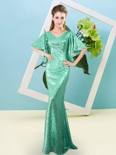 Graceful Turquoise Sequined Zipper Prom Gown Half Sleeves Floor Length Sequins