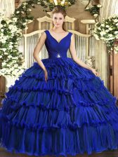  V-neck Sleeveless Backless 15 Quinceanera Dress Royal Blue Organza