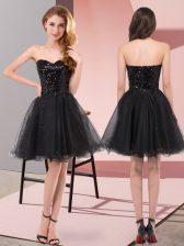 Adorable Black Tulle Zipper Sweetheart Sleeveless Knee Length Prom Gown Sequins