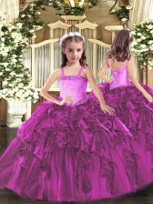  Fuchsia Lace Up Straps Appliques and Ruffles Girls Pageant Dresses Organza Sleeveless