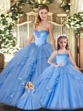 Shining Baby Blue Ball Gowns Organza Sweetheart Sleeveless Beading and Ruffles Floor Length Lace Up Quinceanera Dresses