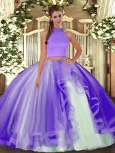 Designer Lavender Sweet 16 Dress Military Ball and Sweet 16 and Quinceanera with Beading and Ruffles Halter Top Sleeveless Backless