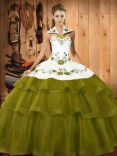  Olive Green Lace Up Halter Top Embroidery and Ruffled Layers Ball Gown Prom Dress Organza Sleeveless Sweep Train