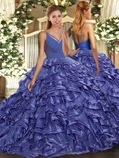 Beauteous Sleeveless Organza and Taffeta Floor Length Backless 15th Birthday Dress in Lavender with Beading and Ruffles