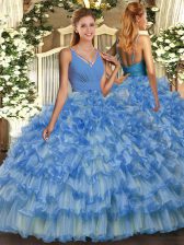 Ideal Organza V-neck Sleeveless Backless Ruffled Layers Quinceanera Gowns in Baby Blue