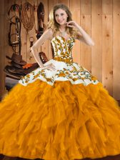  Gold Sweetheart Neckline Embroidery and Ruffles 15th Birthday Dress Sleeveless Lace Up