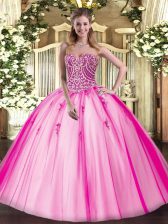 Dynamic Floor Length Lace Up Quinceanera Gown Hot Pink for Military Ball and Sweet 16 and Quinceanera with Beading
