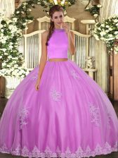 Top Selling Floor Length Lilac 15th Birthday Dress Tulle Sleeveless Beading and Appliques