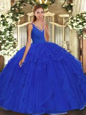  Beading and Ruffles Quince Ball Gowns Blue Backless Sleeveless Floor Length