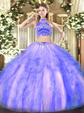Unique Lavender Sleeveless Beading and Ruffles Floor Length Ball Gown Prom Dress