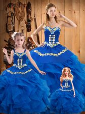  Blue Ball Gowns Sweetheart Sleeveless Tulle Floor Length Lace Up Embroidery 15 Quinceanera Dress