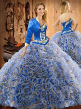 Dazzling Sweep Train Ball Gowns 15 Quinceanera Dress Multi-color Sweetheart Satin and Fabric With Rolling Flowers Sleeveless With Train Lace Up