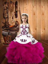  Fuchsia Sleeveless Floor Length Embroidery and Ruffles Lace Up Girls Pageant Dresses