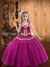 Superior Fuchsia Ball Gowns Organza Straps Sleeveless Embroidery and Ruffles Floor Length Lace Up Little Girls Pageant Dress Wholesale