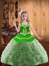  Multi-color Lace Up Straps Embroidery and Ruffles Child Pageant Dress Fabric With Rolling Flowers Sleeveless