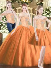 Artistic Orange Red Sleeveless Floor Length Beading Lace Up Sweet 16 Dress