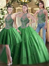 Great Green Three Pieces High-neck Sleeveless Tulle Floor Length Lace Up Beading Sweet 16 Quinceanera Dress