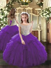  Beading and Ruffles Girls Pageant Dresses Purple Lace Up Sleeveless Floor Length