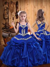 Low Price Royal Blue Organza Lace Up Straps Sleeveless Floor Length Girls Pageant Dresses Embroidery and Ruffles