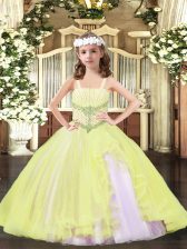 Elegant Floor Length Light Yellow Pageant Gowns For Girls Straps Sleeveless Lace Up