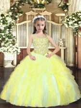  Straps Sleeveless Tulle Pageant Gowns For Girls Beading and Ruffles Lace Up