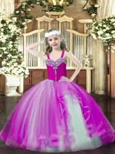 Graceful Fuchsia Sleeveless Tulle Lace Up Girls Pageant Dresses for Party and Quinceanera