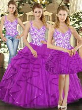 Fabulous Floor Length Lace Up Quinceanera Dress Fuchsia for Military Ball and Quinceanera with Beading and Ruffles
