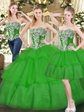  Green Two Pieces Sweetheart Sleeveless Organza Floor Length Lace Up Beading and Ruffled Layers Quinceanera Gown