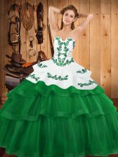  Green Tulle Lace Up Sweet 16 Dresses Sleeveless Sweep Train Embroidery and Ruffled Layers