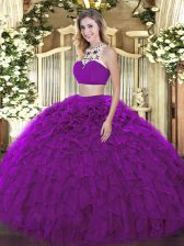  Purple Tulle Backless 15th Birthday Dress Sleeveless Floor Length Beading and Ruffles