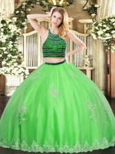 Top Selling Green Sleeveless Beading and Appliques Floor Length Quinceanera Gown