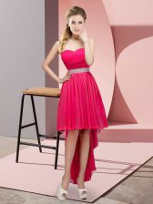 Gorgeous Hot Pink Chiffon Lace Up Quinceanera Court Dresses Sleeveless High Low Beading