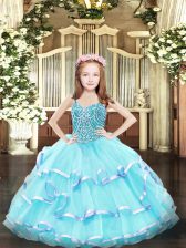 Latest Floor Length Aqua Blue Child Pageant Dress Organza Sleeveless Beading and Ruffled Layers
