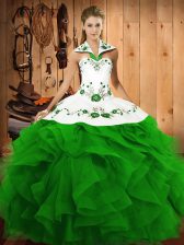 Fantastic Halter Top Sleeveless Quince Ball Gowns Floor Length Embroidery and Ruffles Green Tulle