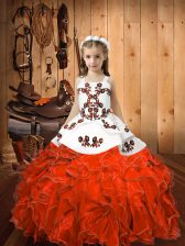  Orange Red Sleeveless Floor Length Embroidery and Ruffles Lace Up Child Pageant Dress