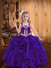Super Purple Ball Gowns Straps Sleeveless Organza Floor Length Lace Up Embroidery and Ruffles High School Pageant Dress