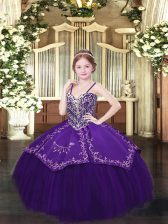  Floor Length Lace Up Winning Pageant Gowns Dark Purple for Party and Quinceanera and Wedding Party with Beading and Embroidery