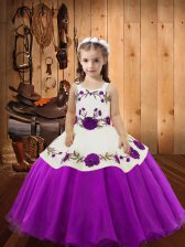 Wonderful Purple Lace Up Straps Embroidery Little Girls Pageant Dress Organza Sleeveless