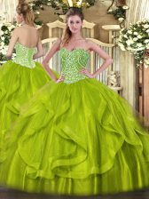  Yellow Green Organza Lace Up Sweetheart Sleeveless Floor Length Ball Gown Prom Dress Ruffles