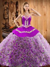 Luxurious With Train Multi-color Ball Gown Prom Dress Satin and Fabric With Rolling Flowers Sweep Train Sleeveless Embroidery