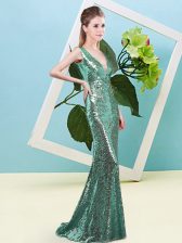 Simple Turquoise Sleeveless Sequins Floor Length Prom Dresses